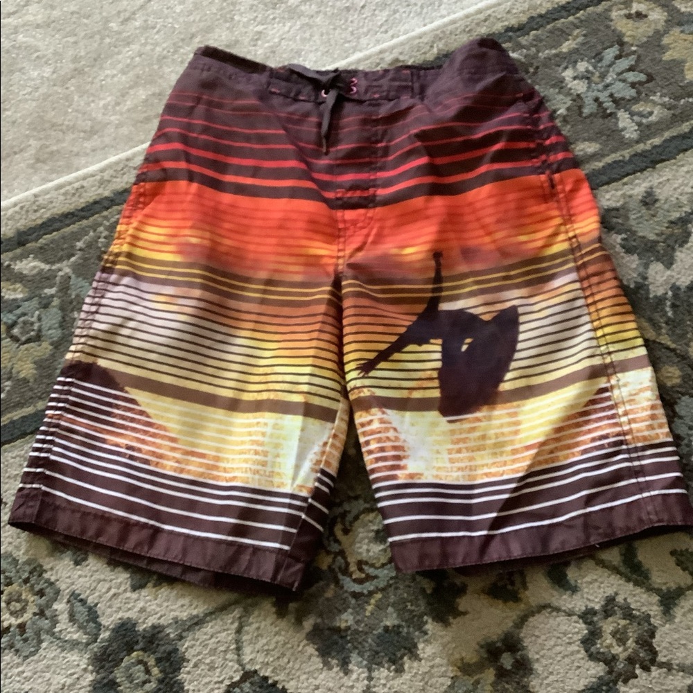 OP swim trunks brown orange cool design boys size Lg  10/12 🌞🏄🏼 2 pock